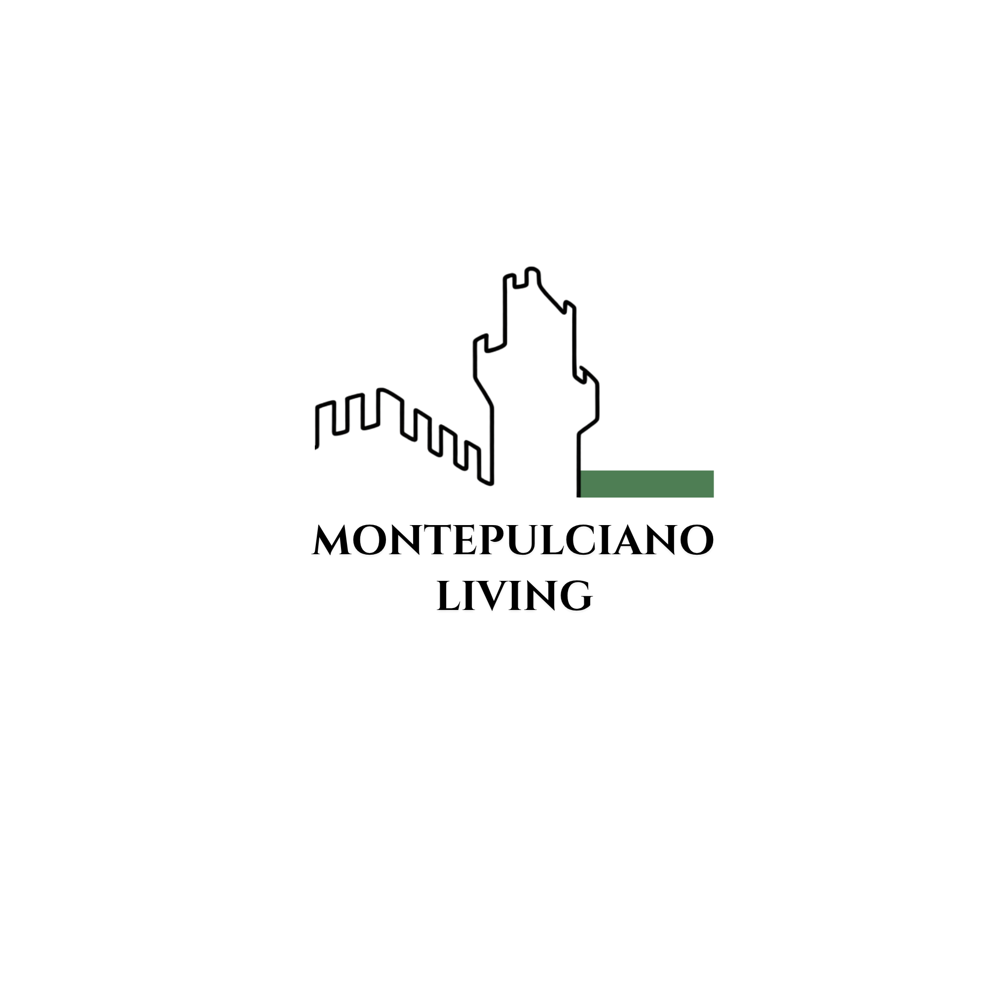 Logo di Montepulciano Living. Profilo in nero della Torre del Palazzo Comunale, con banda verde e scritta nera 