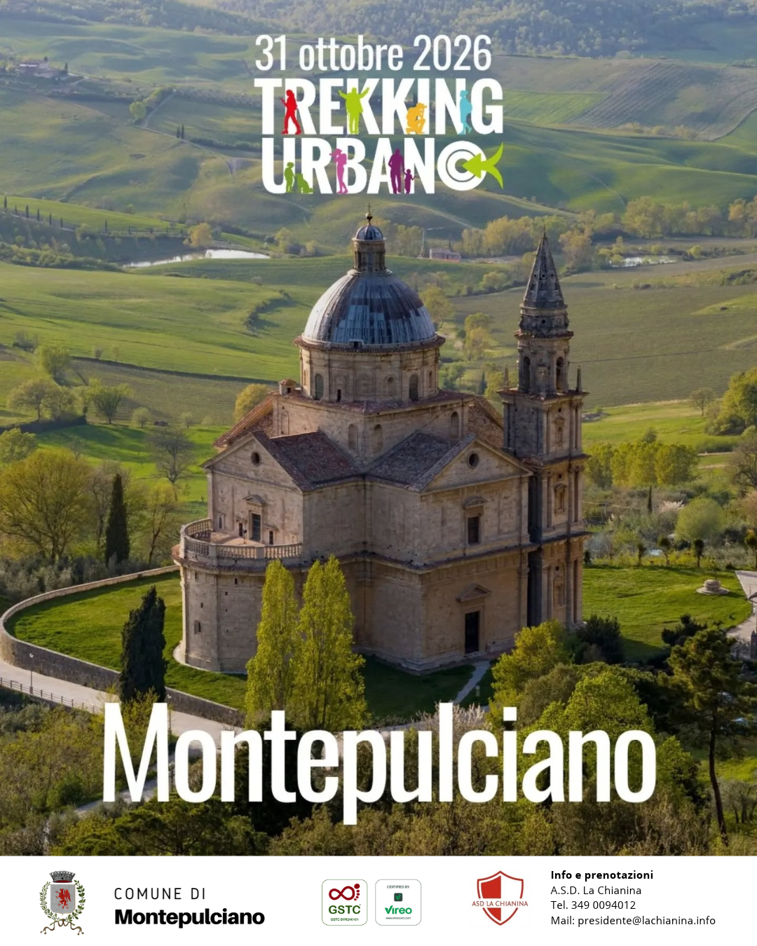 Locandina Trekking Urbano a Montepulciano con immagine del Tempio di San Biagio in primo piano